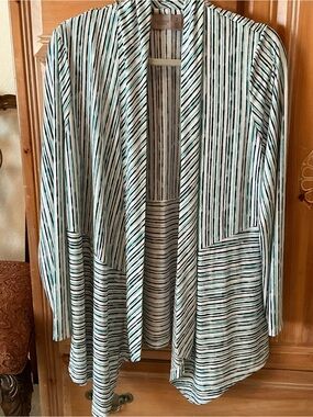 NWOT Chicos Open-Front Striped Cardigan Jacket in Mint, Black & White, Sz 2 / Lg